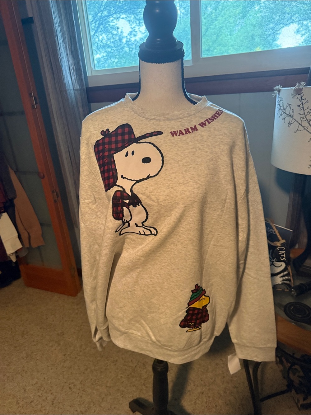 NWT Peanuts Light Gray Crewneck with Snoopy Plaid Accents